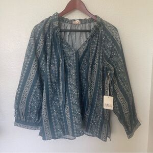 a.n.a Large Women's Blue and White Bohemian Blouse Long Sleeve 100% Cotton